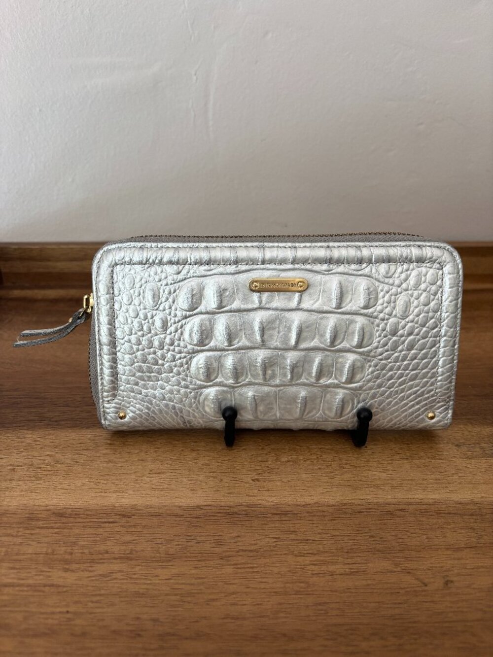 Brahmin Suri Silver Metallic Leather Melbourne Croc Embossed Zip Around Wallet